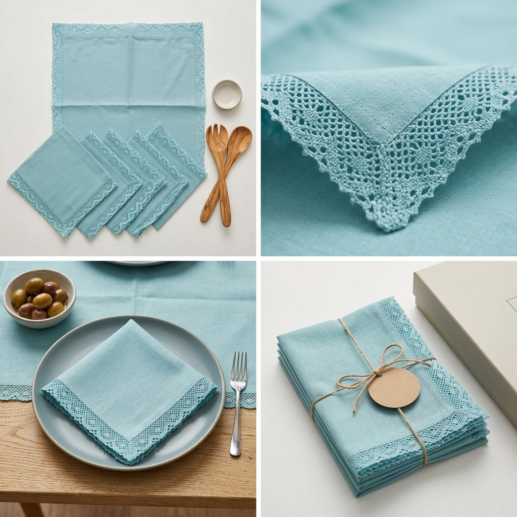 Designer 6-Piece Kitchen Napkin Set | Soft Cotton Dining Napkins with Elegant Lace Border