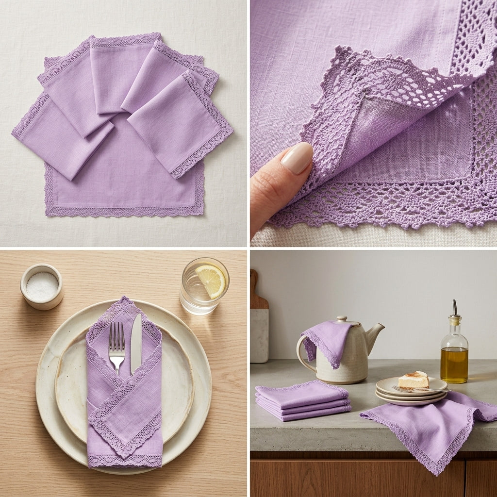 Designer 6-Piece Kitchen Napkin Set | Soft Cotton Dining Napkins with Elegant Lace Border