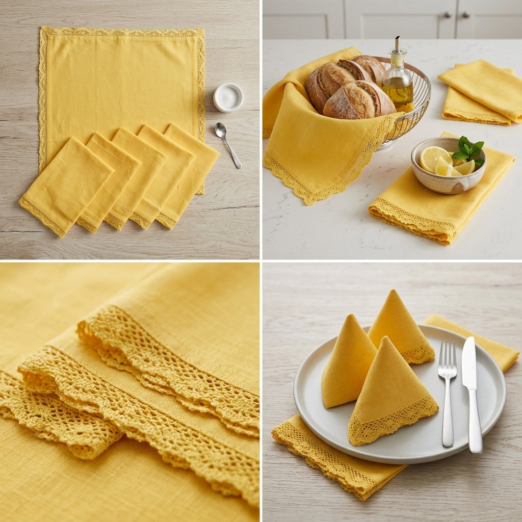 Designer 6-Piece Kitchen Napkin Set | Soft Cotton Dining Napkins with Elegant Lace Border