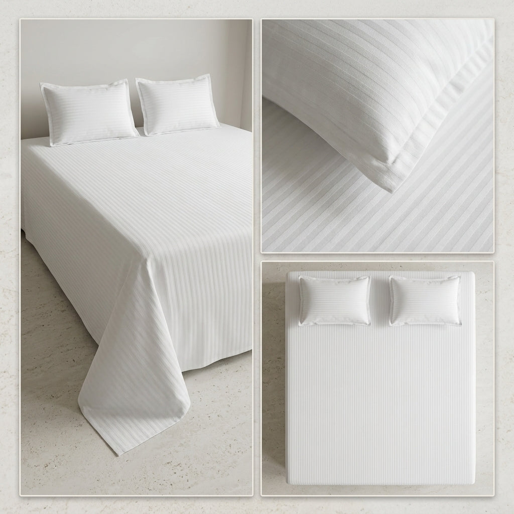 Pure White Stripe Cotton Bedsheet with 2 Pillow Covers - 108 / 108 Inch