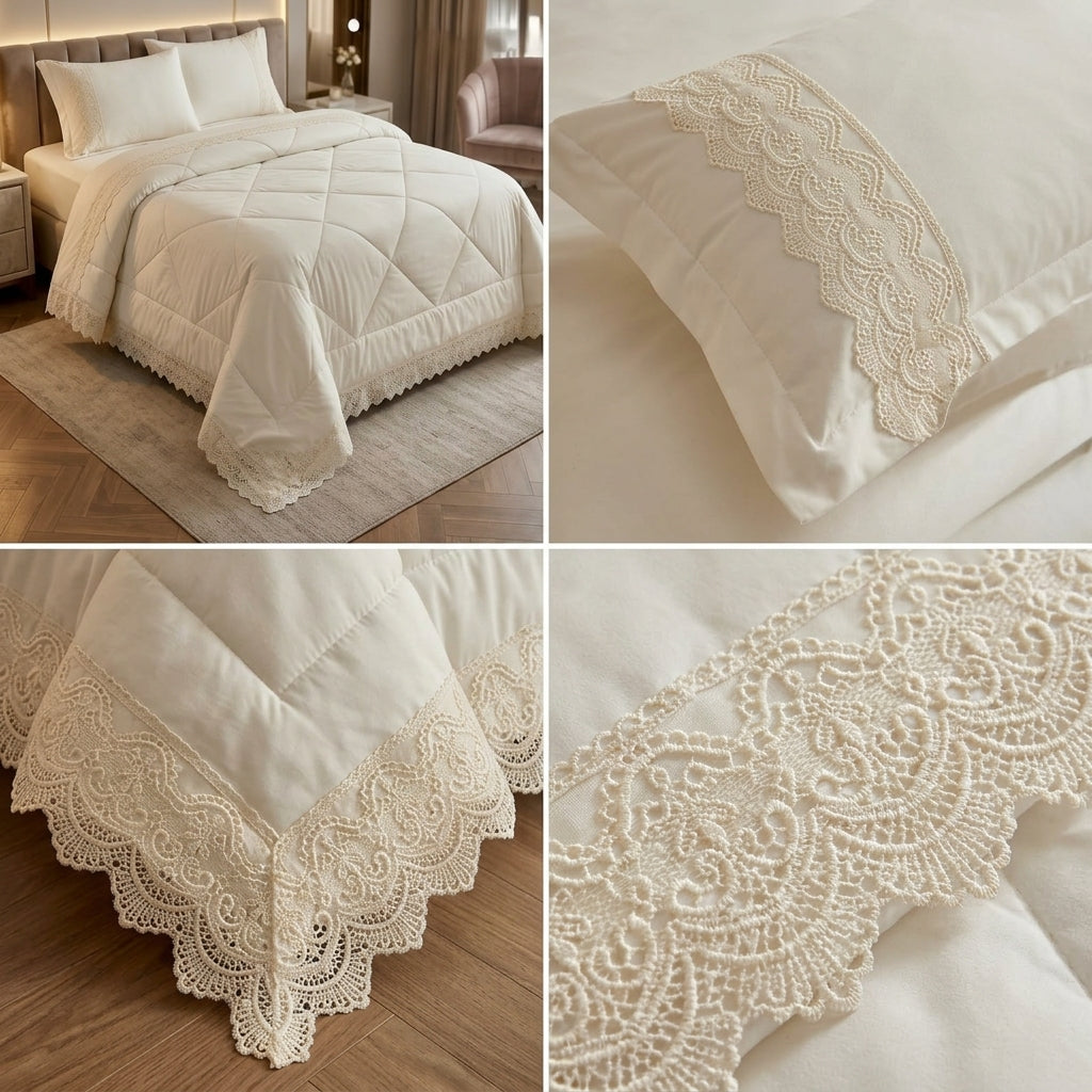 4-Piece Luxury AC Comforter Set with Lace Detailing – King Size