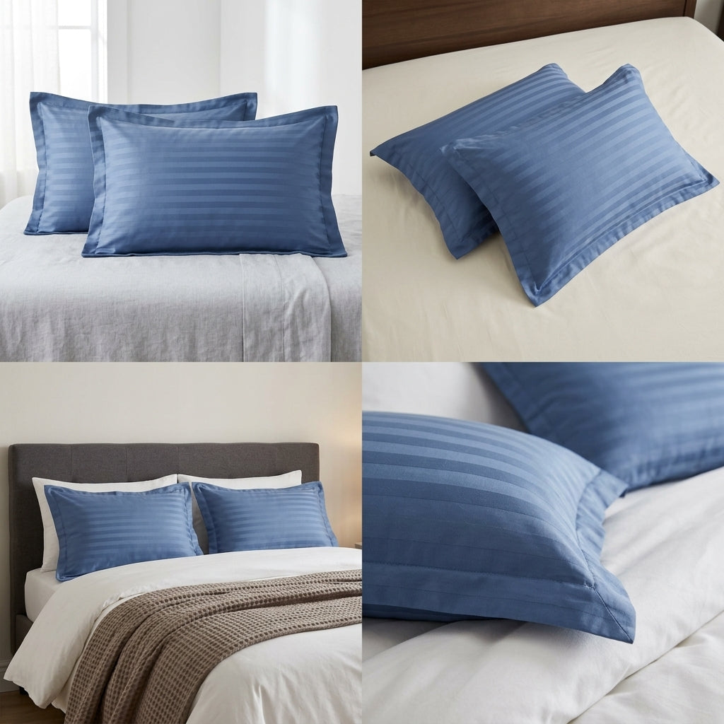 Dusty Blue Stripe Plain Cotton Pillow Cover – King Size (20 × 36 Inch) Set Of 2