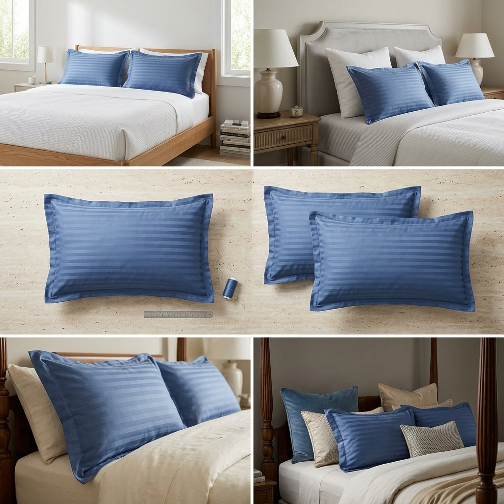 Dusty Blue Stripe Plain Cotton Pillow Cover – King Size (20 × 36 Inch) Set Of 2