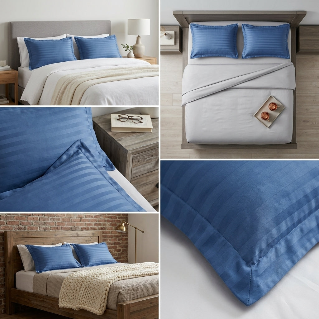 Dusty Blue Stripe Plain Cotton Pillow Cover – King Size (20 × 36 Inch) Set Of 2