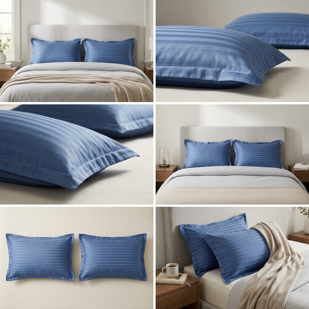 Dusty Blue Stripe Plain Cotton Pillow Cover – King Size (20 × 36 Inch) Set Of 2
