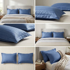 Dusty Blue Stripe Plain Cotton Pillow Cover – King Size (20 × 36 Inch) Set Of 2
