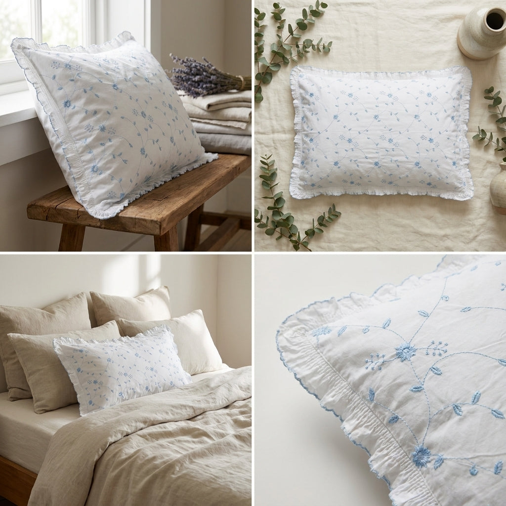 Luxury Embroidered Frill Pillow Cover Pair – Premium Floral Collection