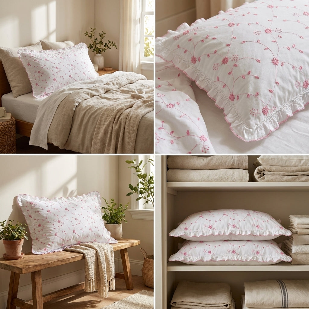 Luxury Embroidered Frill Pillow Cover Pair – Premium Floral Collection