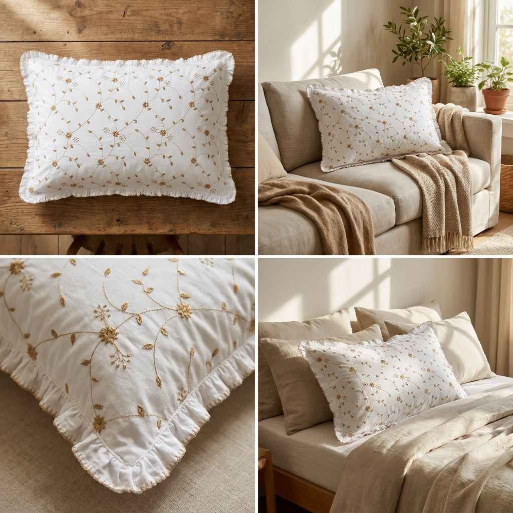 Luxury Embroidered Frill Pillow Cover Pair – Premium Floral Collection