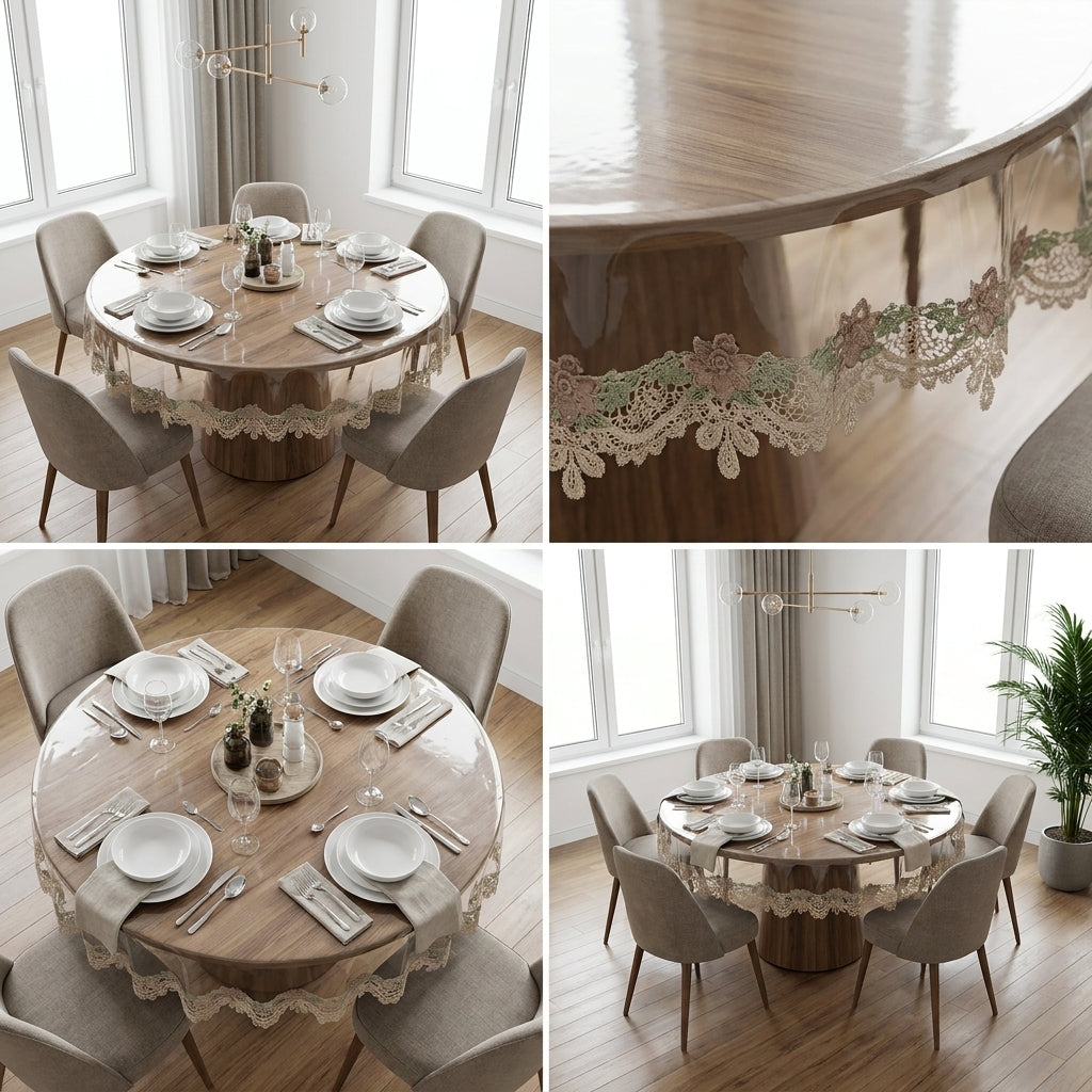 Transparent Round Dining Table Cover with Embroidered – 6 Seater | 60 Inch Diameter