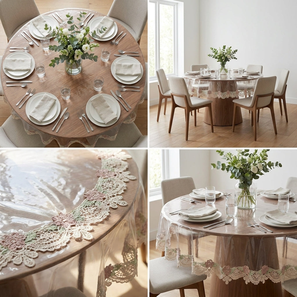 Transparent Round Dining Table Cover with Embroidered – 6 Seater | 60 Inch Diameter
