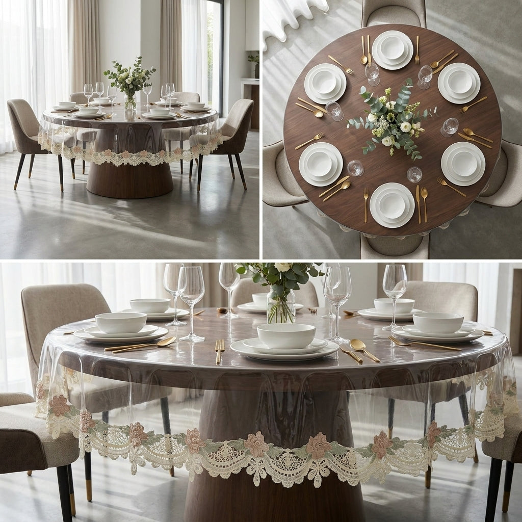 Transparent Round Dining Table Cover with Embroidered – 6 Seater | 60 Inch Diameter
