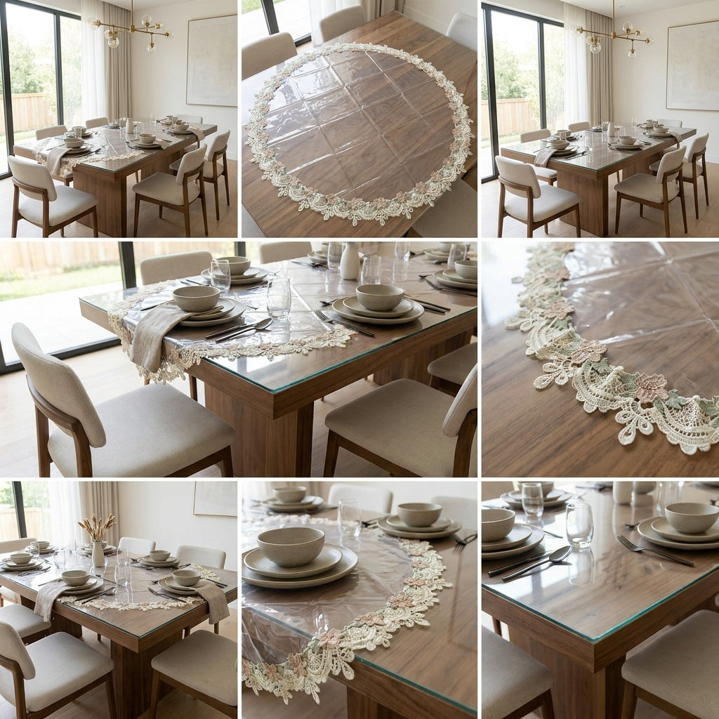 Transparent Round Dining Table Cover with Embroidered – 6 Seater | 60 Inch Diameter