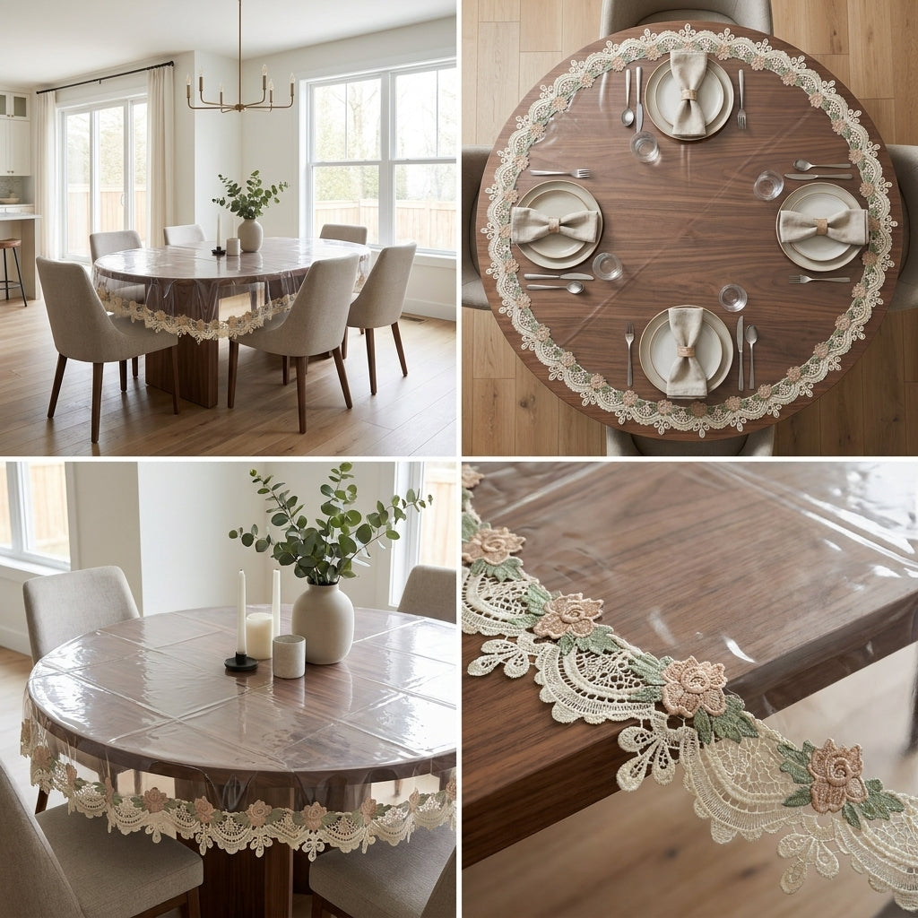 Transparent Round Dining Table Cover with Embroidered – 6 Seater | 60 Inch Diameter
