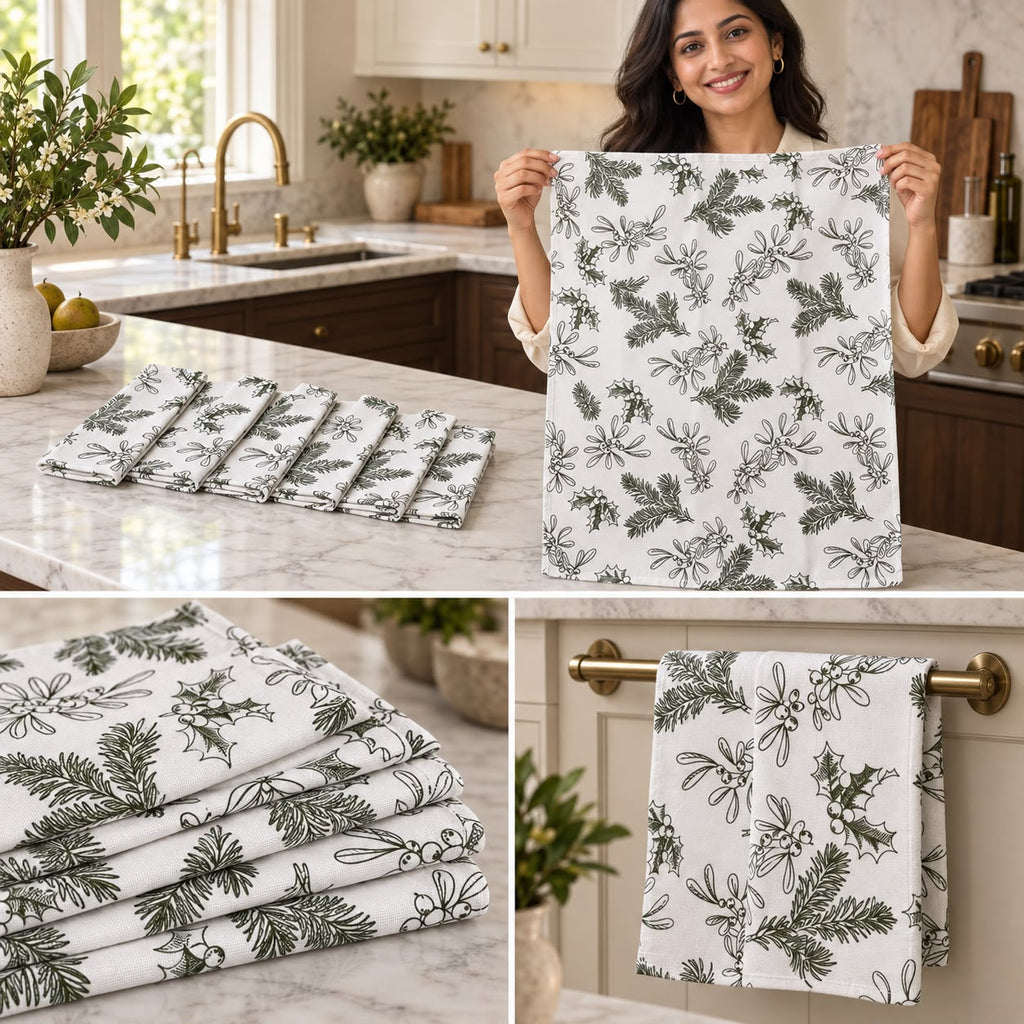 Festive Kitchen Towel Set – 6 Pcs Printed Decorative Hand Towels