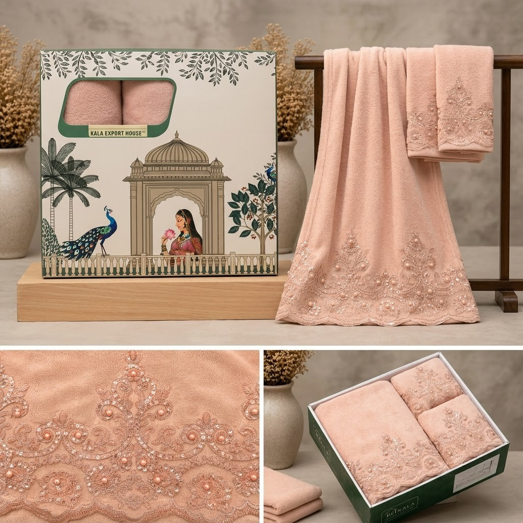 Premium Wedding Towel Set of 4 – Designer Embroidered Bath & Hand Towels | Product Code :- 55B155RKEH