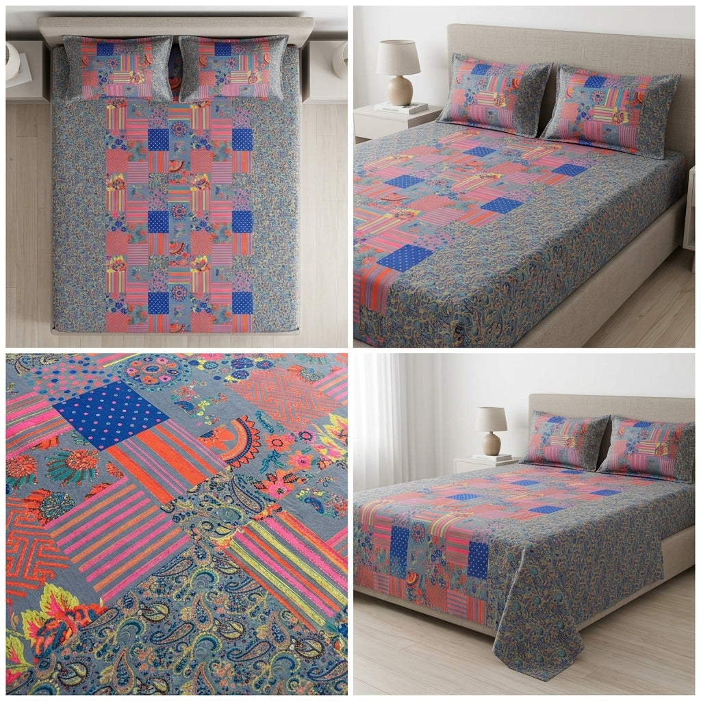 Ajrakh Pure Cotton King Size Bedsheet Set (108 x 108 Inches)