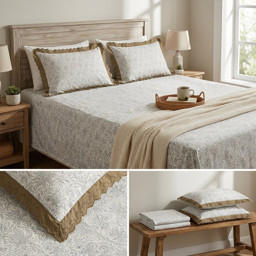 Pure Cotton Bedsheet With Chicken Lace Pillow Covers 108 x 108 inch