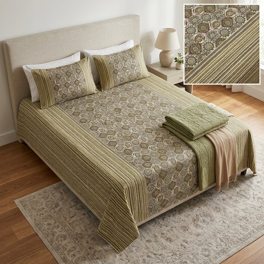 Ajrakh Pure Cotton King Size Bedsheet Set (108 x 108 Inches)