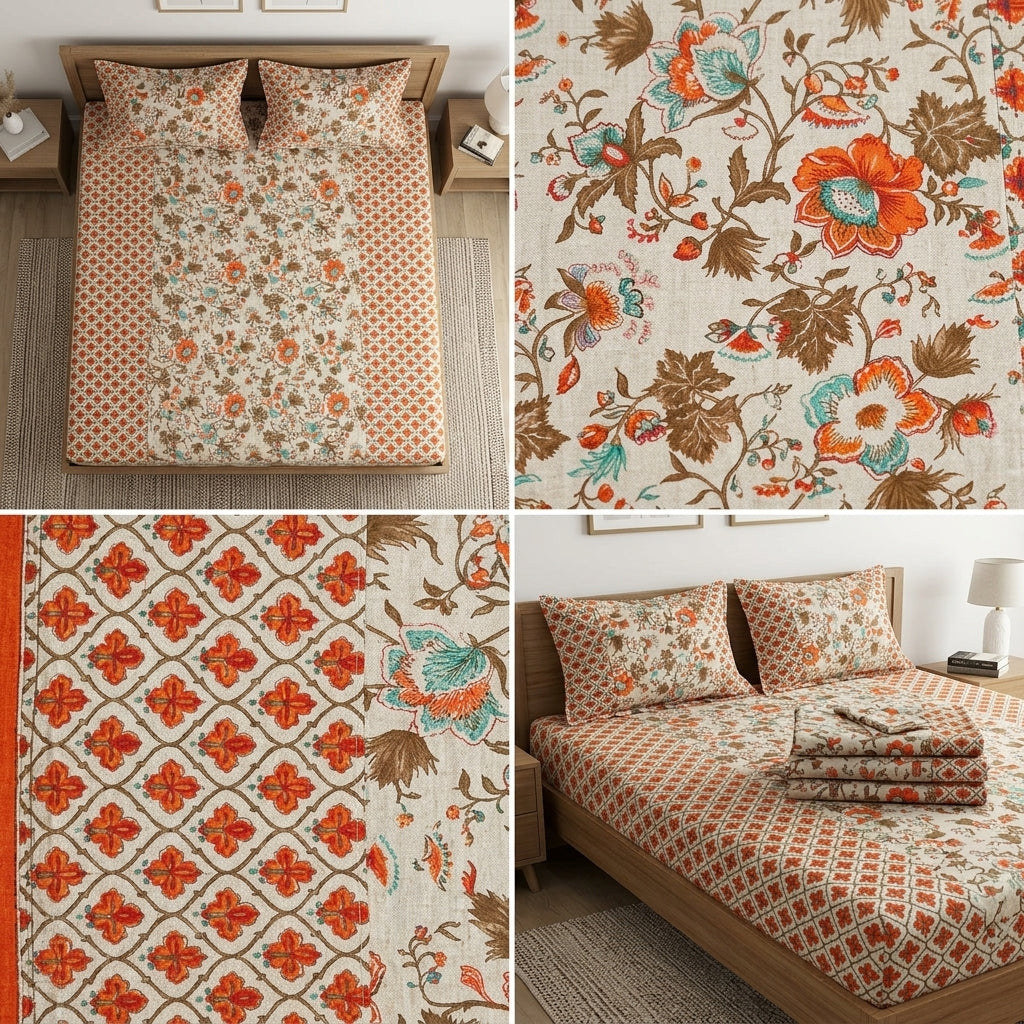 Ajrakh Pure Cotton King Size Bedsheet Set (108 x 108 Inches)
