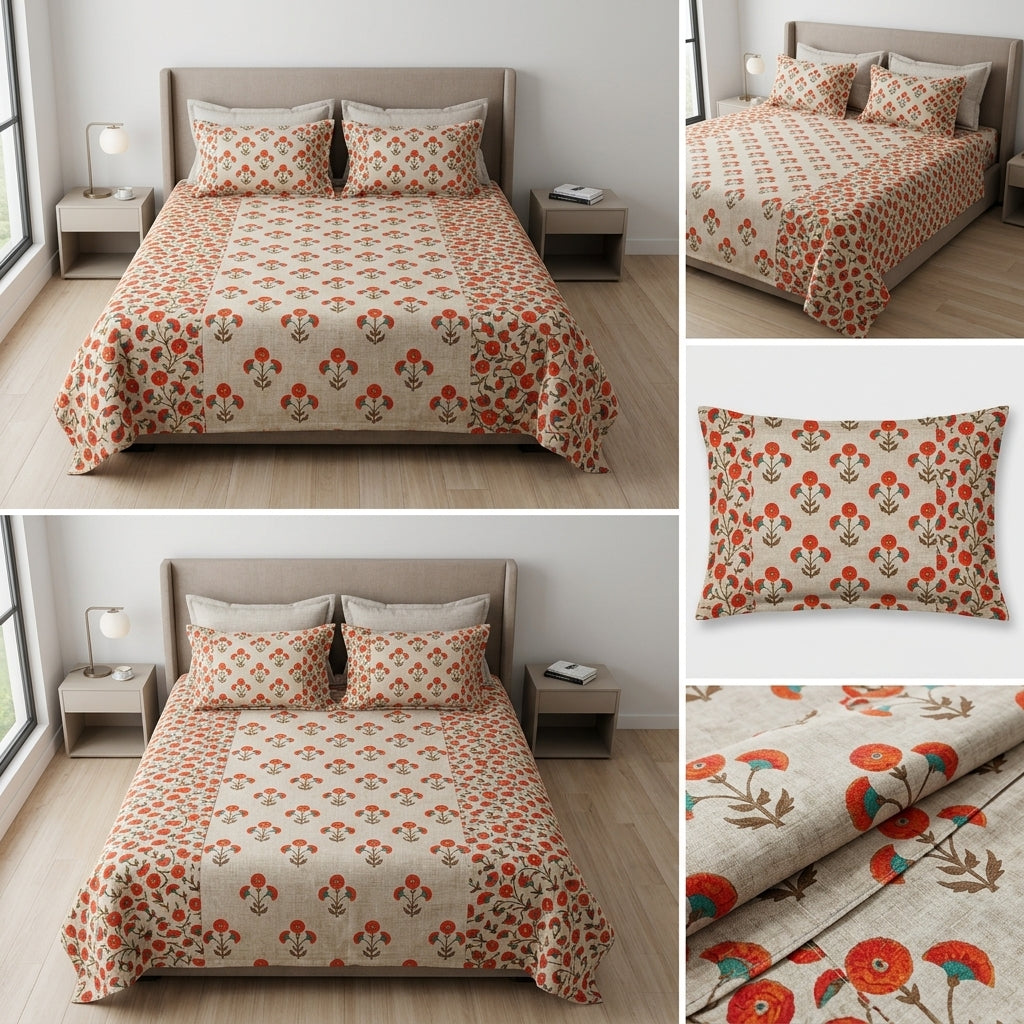 Ajrakh Pure Cotton King Size Bedsheet Set (108 x 108 Inches)