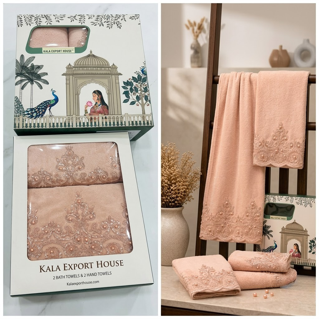 Premium Wedding Towel Set of 4 – Designer Embroidered Bath & Hand Towels | Product Code :- 55B155RKEH