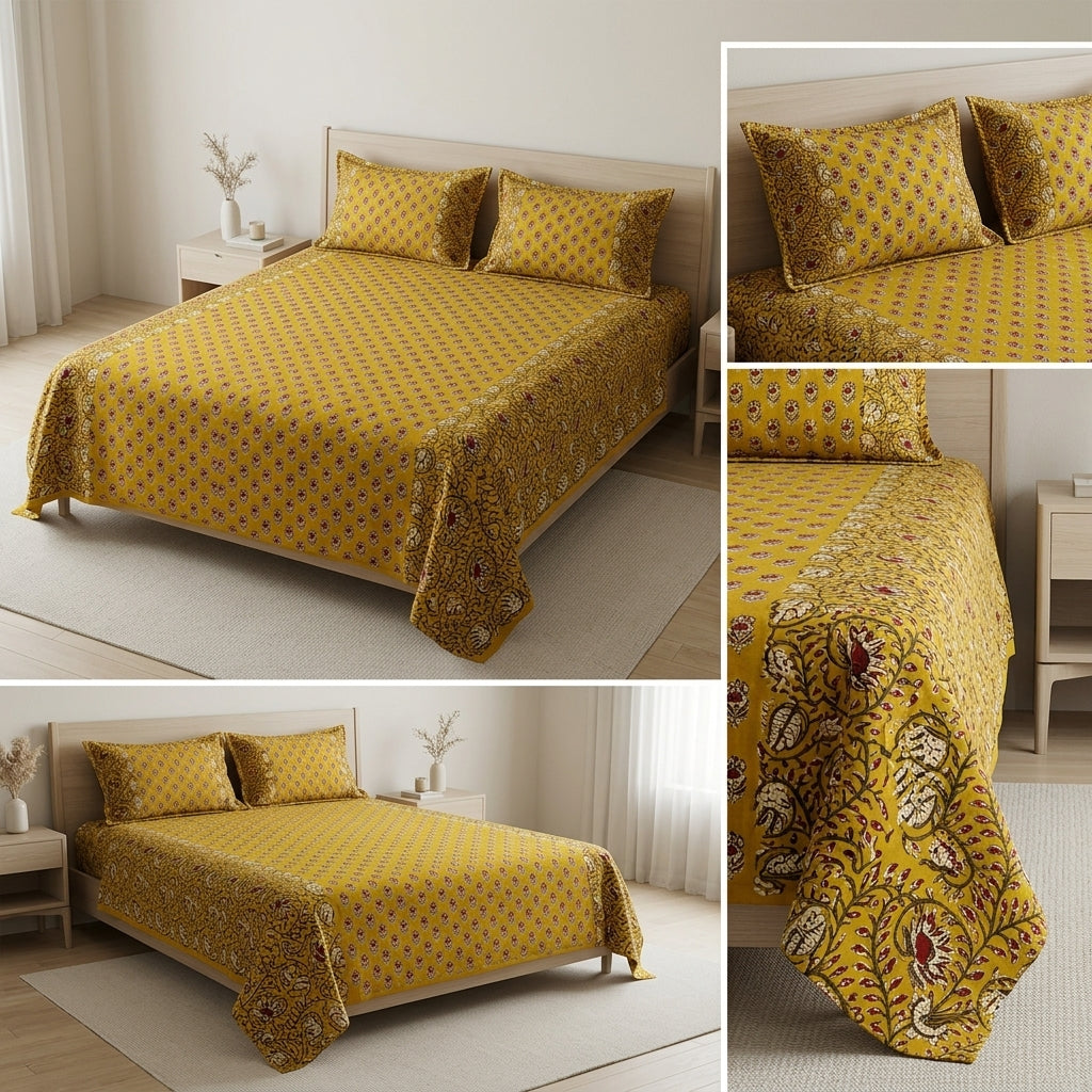 Ajrakh Pure Cotton King Size Bedsheet Set (108 x 108 Inches)