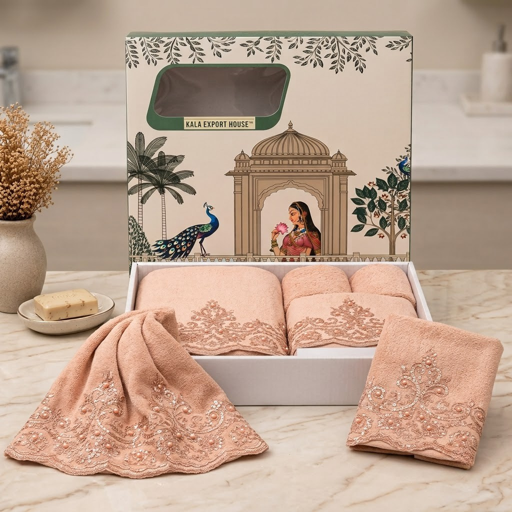 Premium Wedding Towel Set of 4 – Designer Embroidered Bath & Hand Towels | Product Code :- 55B155RKEH