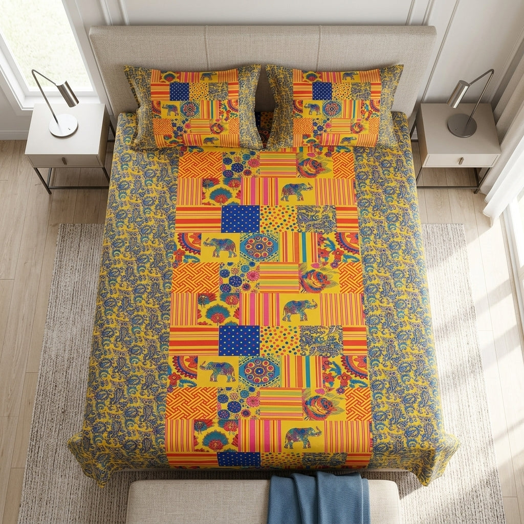Ajrakh Pure Cotton King Size Bedsheet Set (108 x 108 Inches)