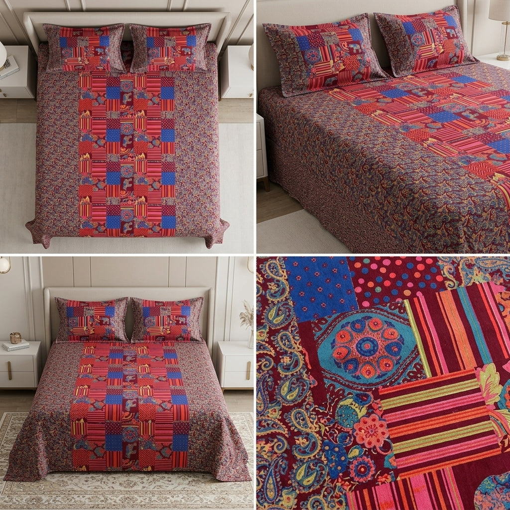 Ajrakh Pure Cotton King Size Bedsheet Set (108 x 108 Inches)