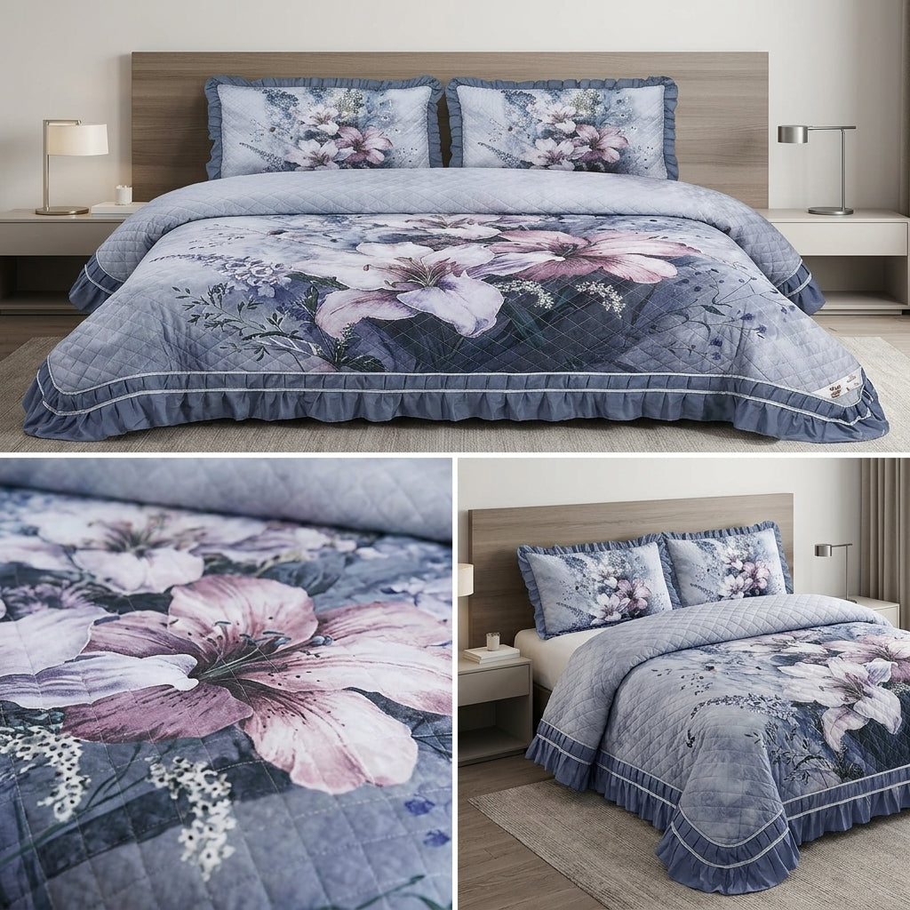 ✨ 7D Quilted Floral Bedcover Set – 3 Piece King Size Collection ✨