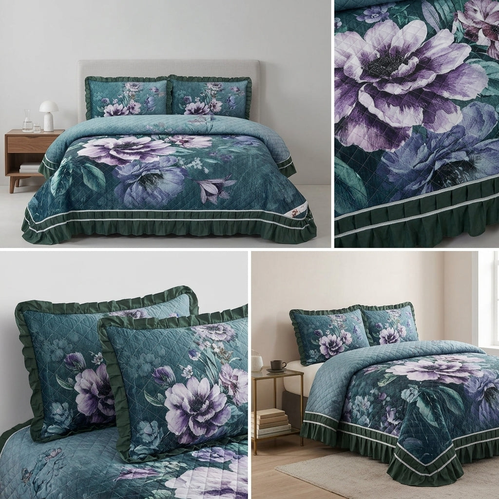 ✨ 7D Quilted Floral Bedcover Set – 3 Piece King Size Collection ✨