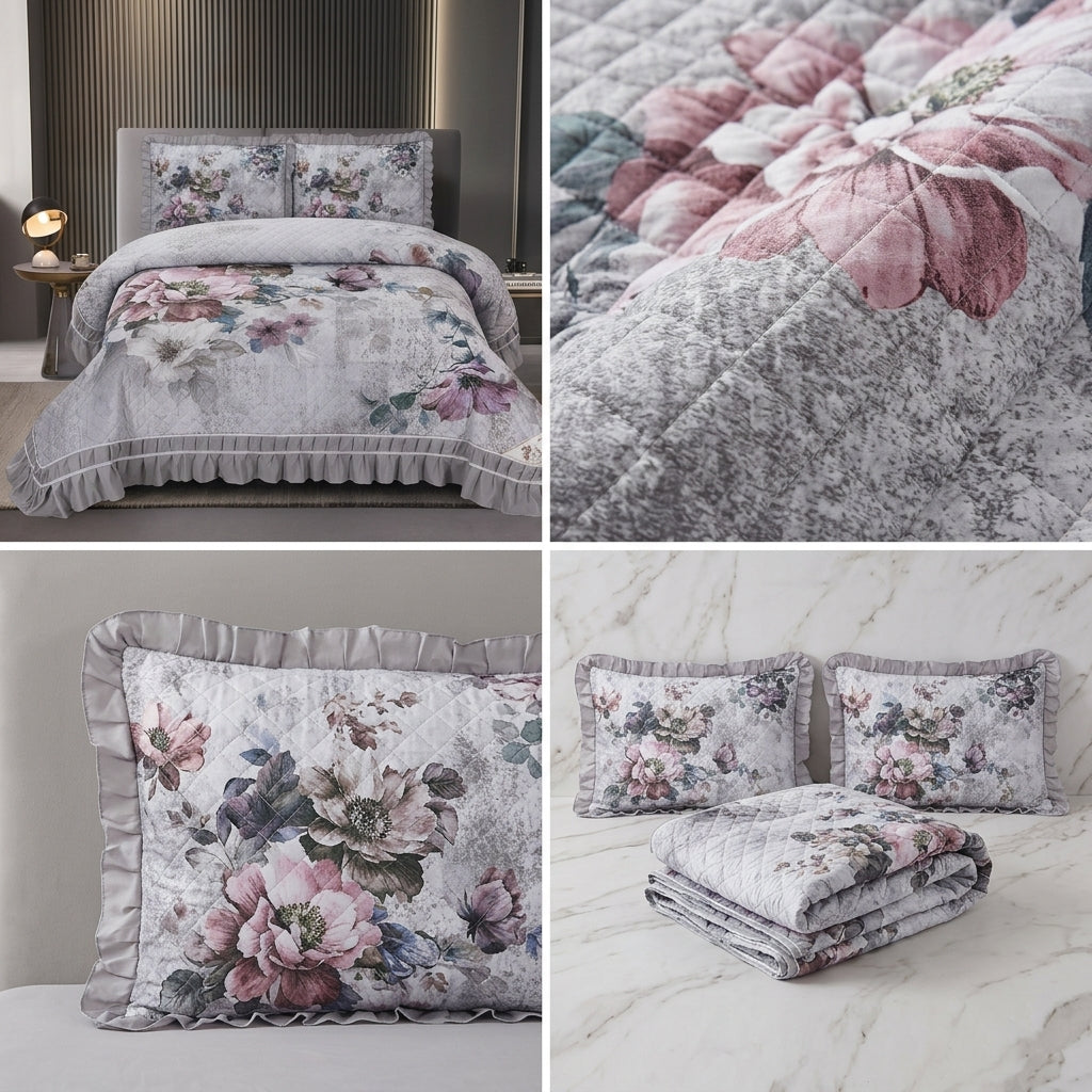 ✨ 7D Quilted Floral Bedcover Set – 3 Piece King Size Collection ✨ Product Code :- 55B168RKEH