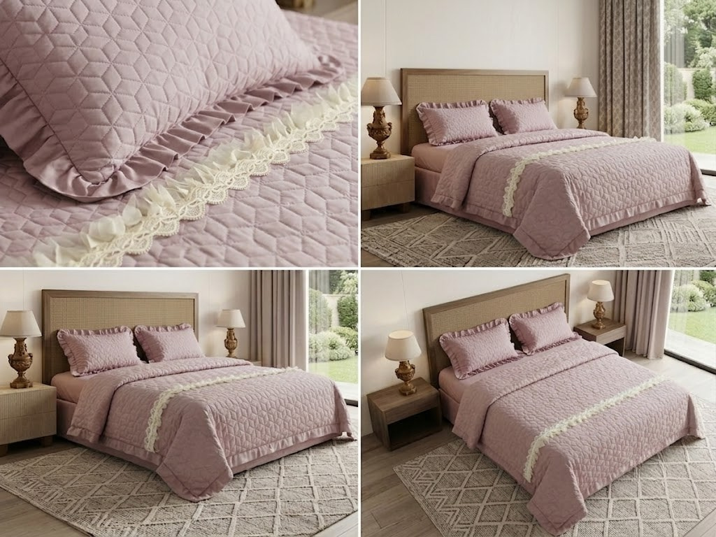Serene Ruffle Luxe Quilted Bedcover Set – 3 Pcs King Size