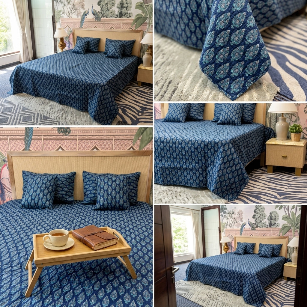 5 Piece Pure Cotton Reversible Quilted Bedcover