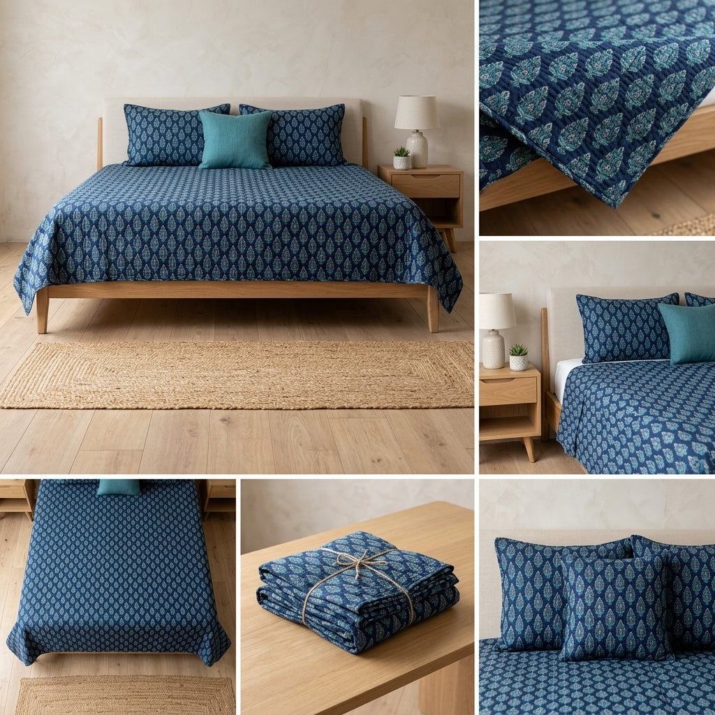 5 Piece Pure Cotton Reversible Quilted Bedcover