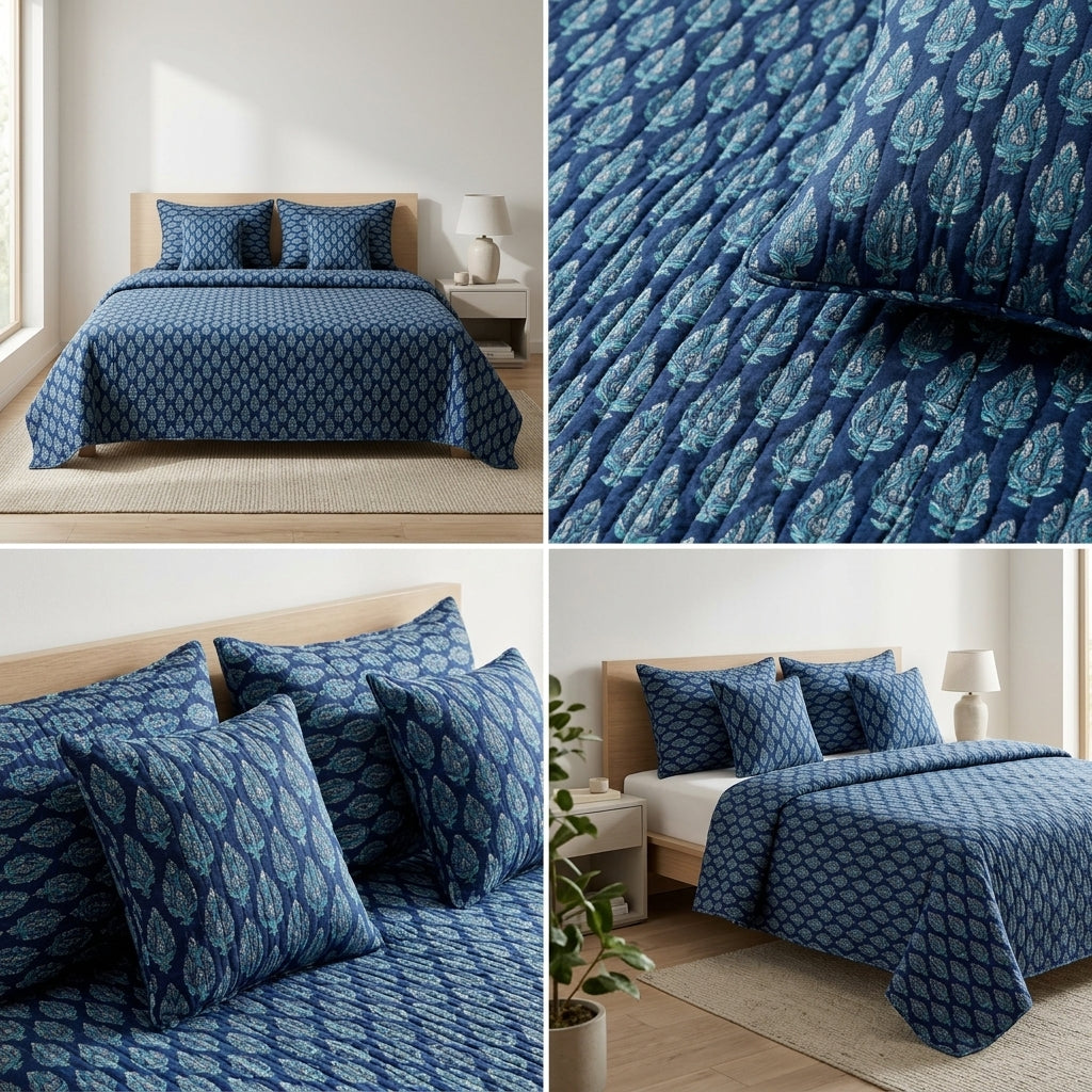 5 Piece Pure Cotton Reversible Quilted Bedcover