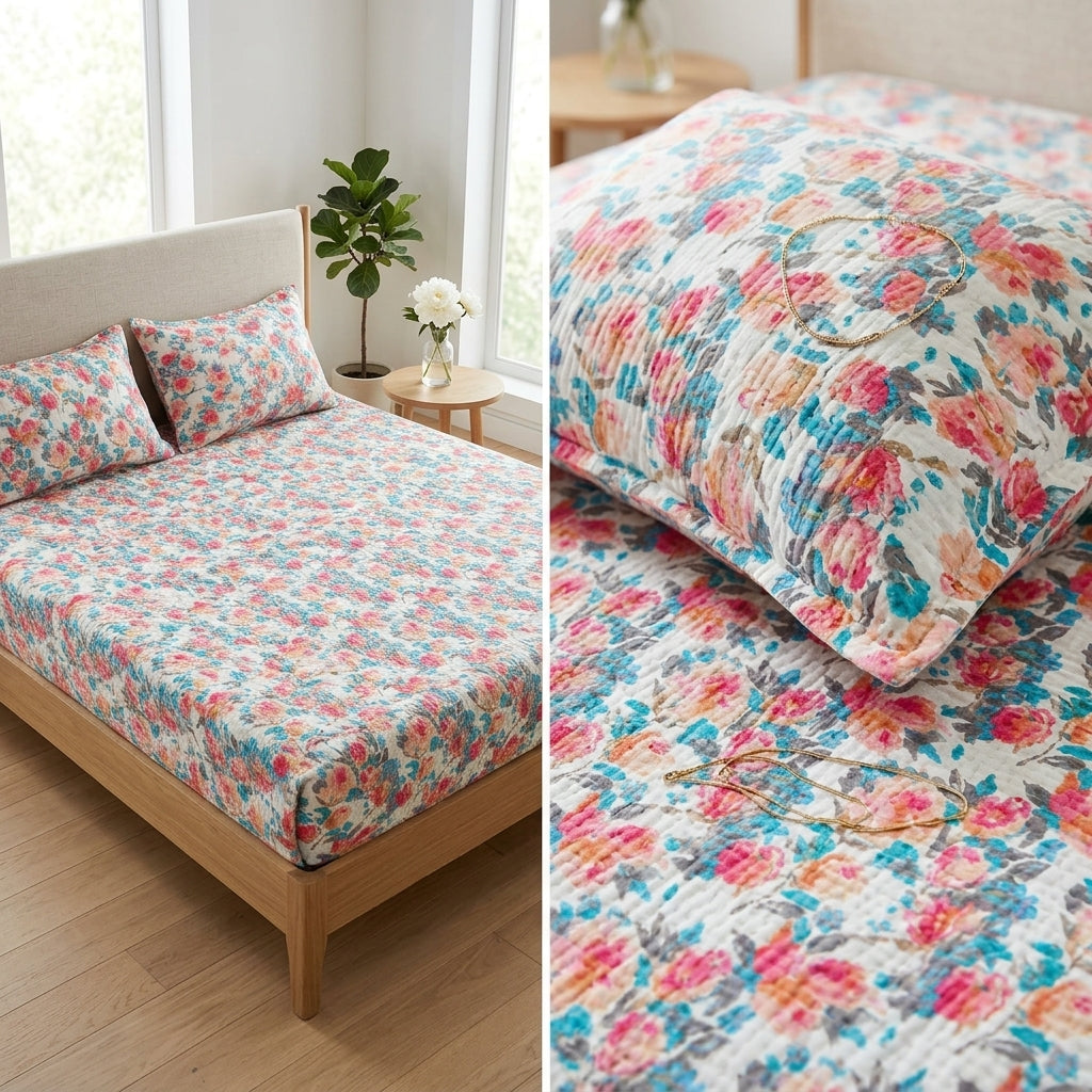 5 Piece Pure Cotton Reversible Quilted Bedcover