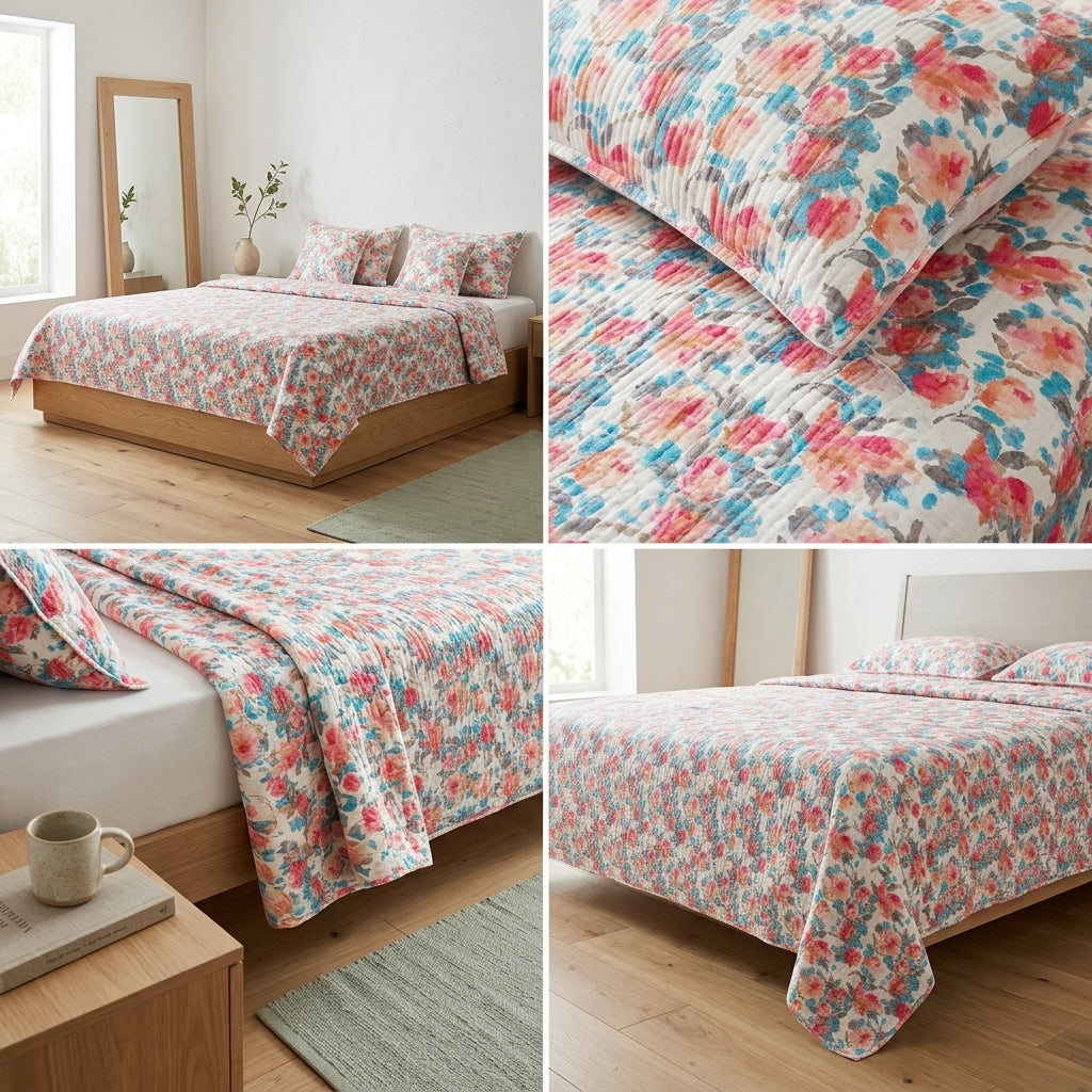 5 Piece Pure Cotton Reversible Quilted Bedcover