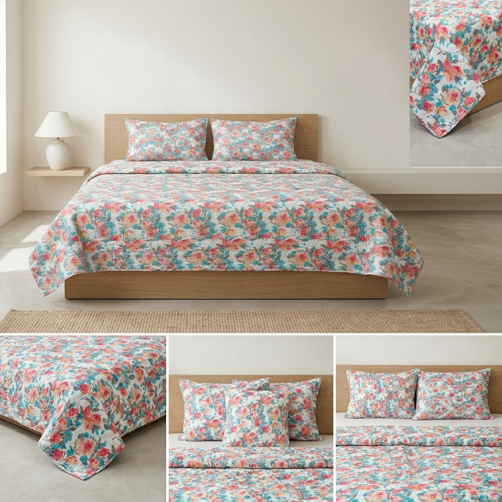5 Piece Pure Cotton Reversible Quilted Bedcover
