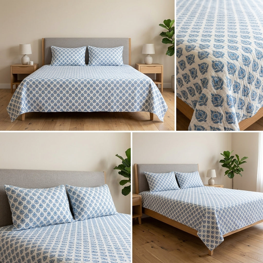 5 Piece Pure Cotton Reversible Quilted Bedcover
