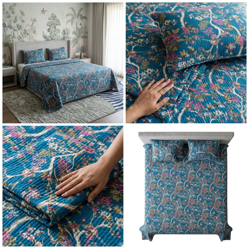 5 Piece Pure Cotton Reversible Quilted Bedcover