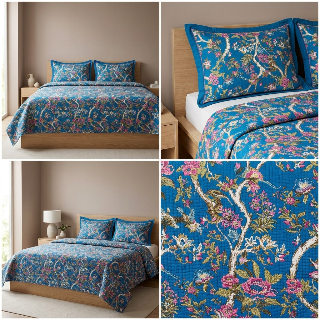 5 Piece Pure Cotton Reversible Quilted Bedcover