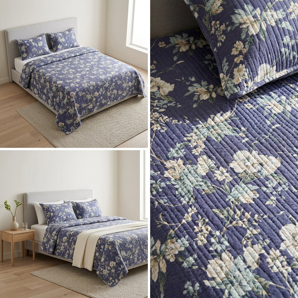 5 Piece Pure Cotton Reversible Quilted Bedcover