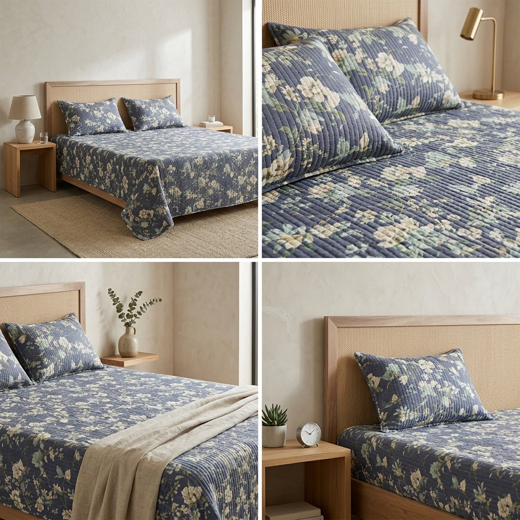 5 Piece Pure Cotton Reversible Quilted Bedcover