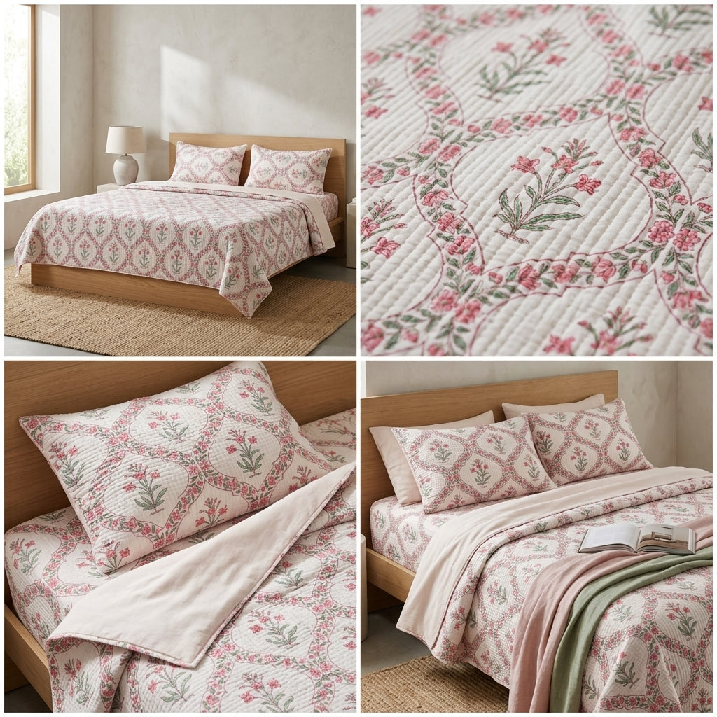 5 Piece Pure Cotton Reversible Quilted Bedcover