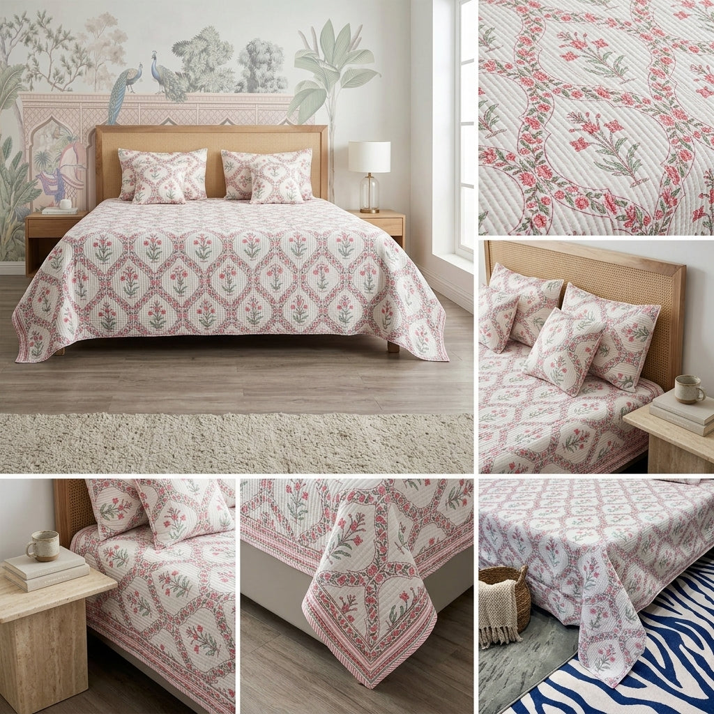 5 Piece Pure Cotton Reversible Quilted Bedcover