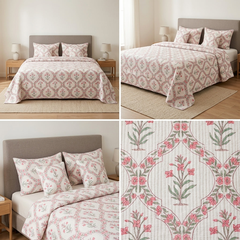 5 Piece Pure Cotton Reversible Quilted Bedcover