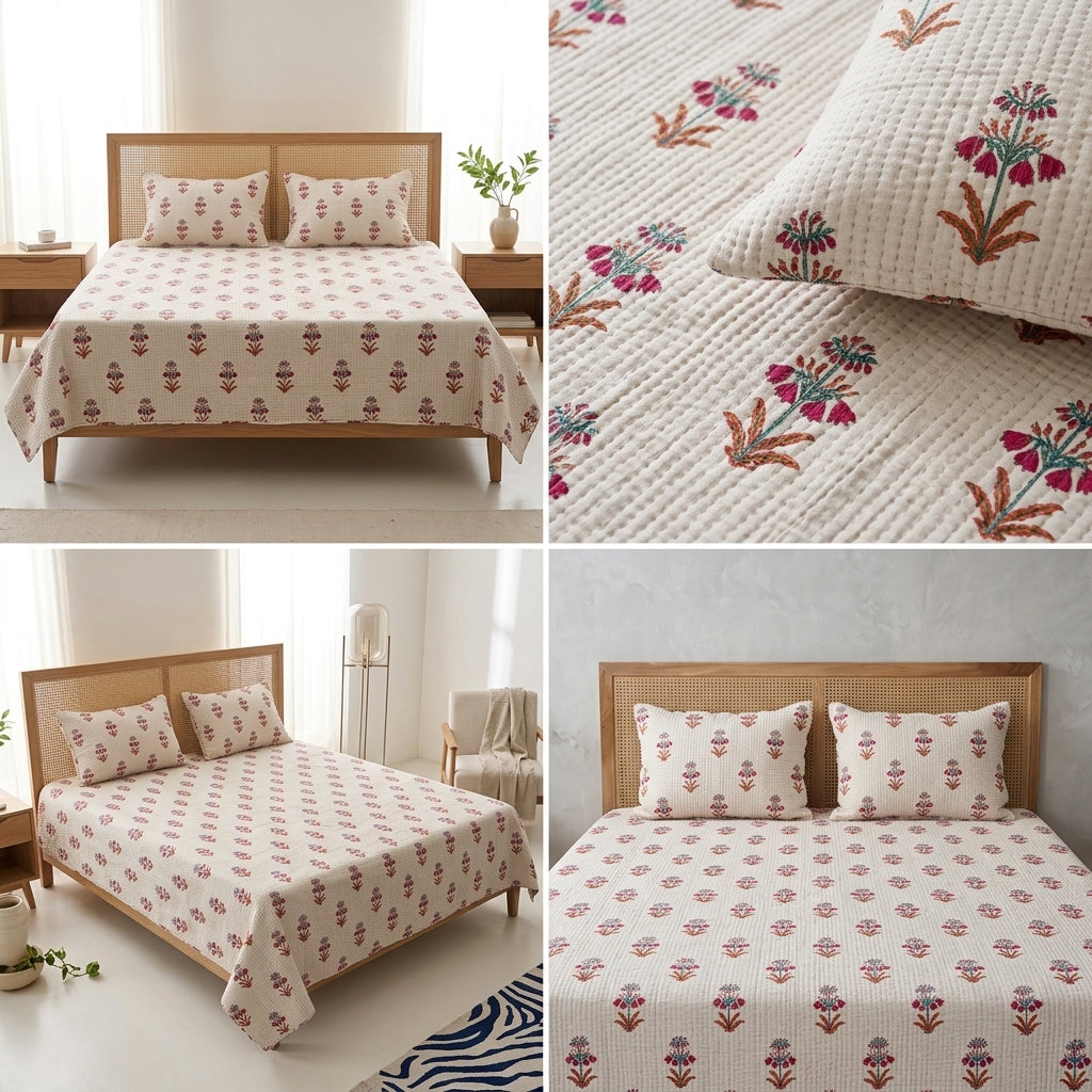 5 Piece Pure Cotton Reversible Quilted Bedcover