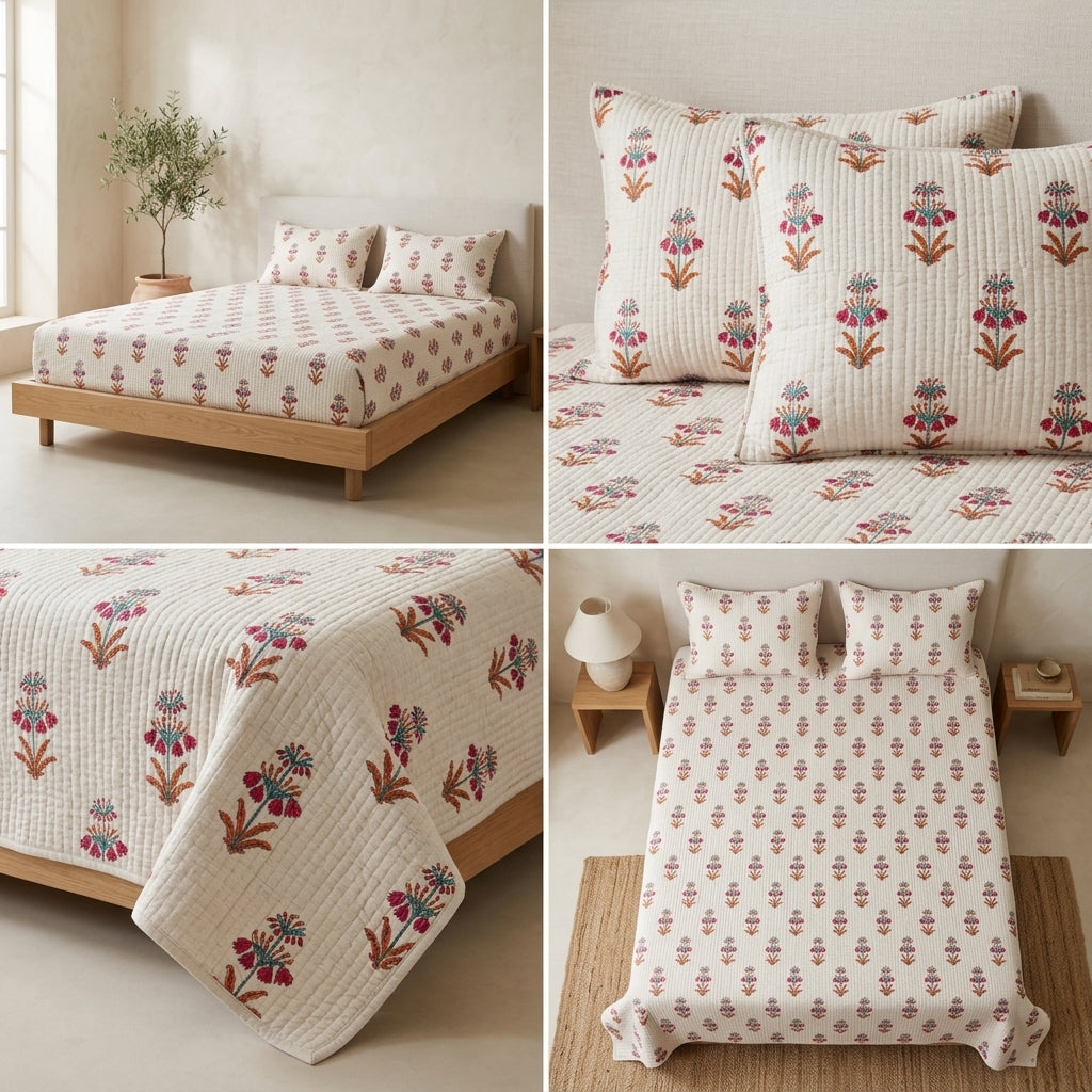 5 Piece Pure Cotton Reversible Quilted Bedcover